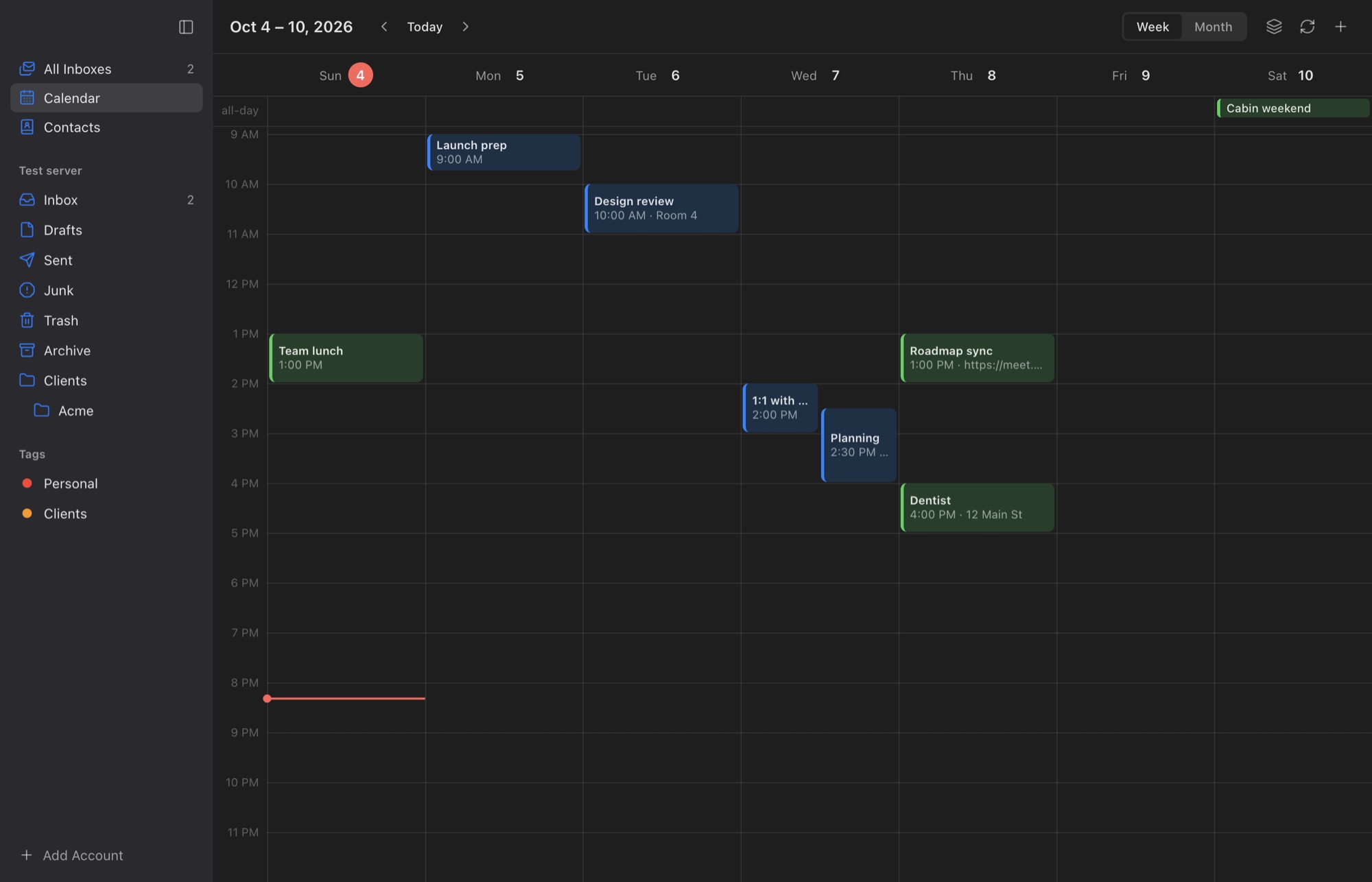 The calendar's week view, with a team lunch, a design review, a roadmap sync and a dentist appointment.