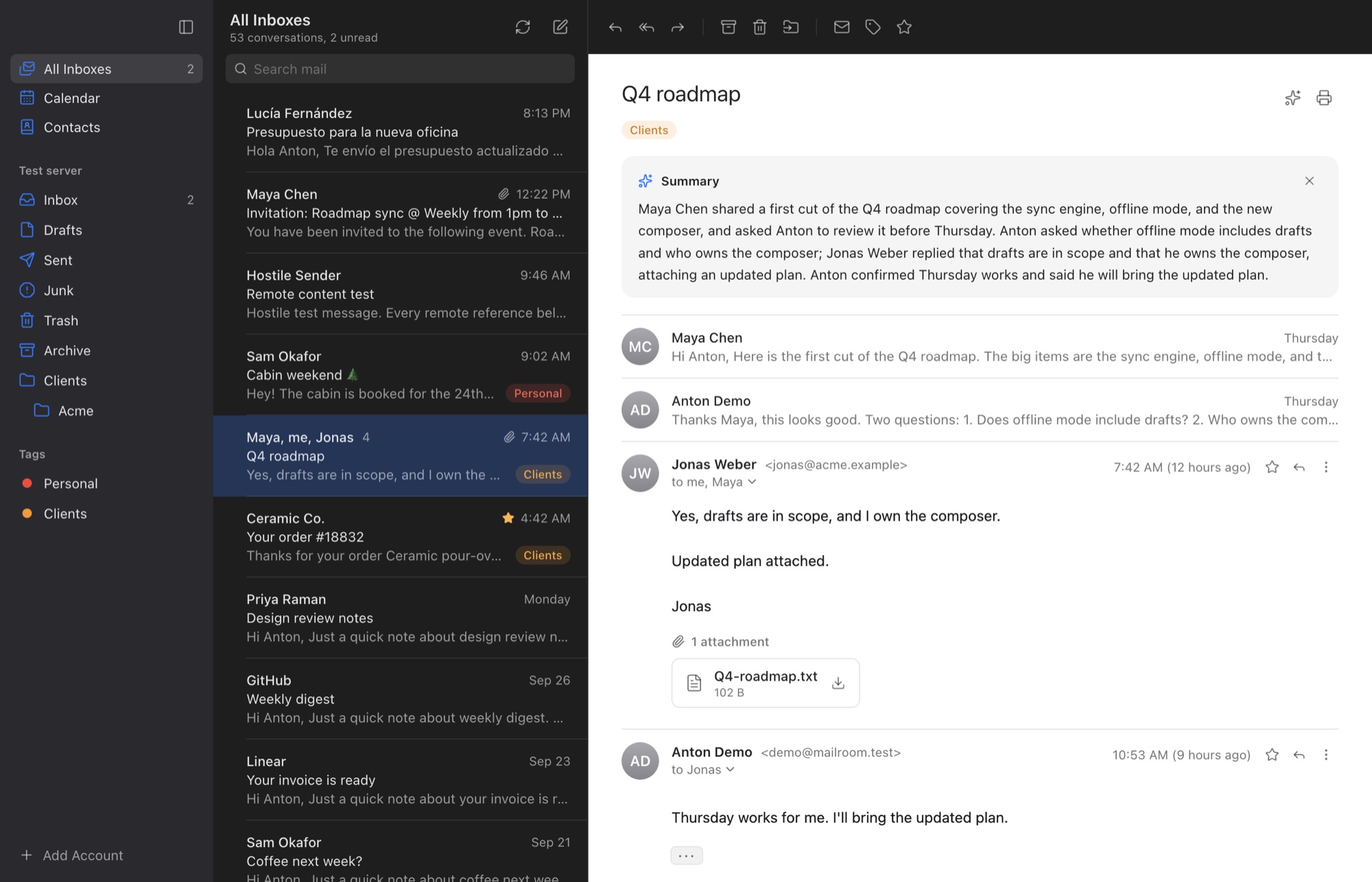 Mailroom in dark mode: the sidebar with accounts and folders, the conversation list, and a four-message thread open with a short summary of what was decided.